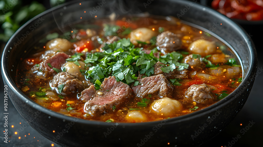 A hearty beef stew with vegetables, garnished with fresh herbs, perfect for a warm meal on a chilly day. A hearty beef stew with vegetables, garnished with fresh herbs, perfect for a warm meal on a chilly day.