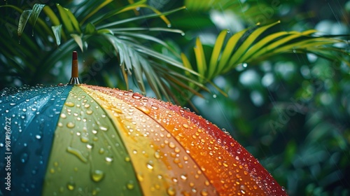 Nature's Symphony: Captivating Raindrops Dance on an Umbrella Amidst a Lush Green Oasis