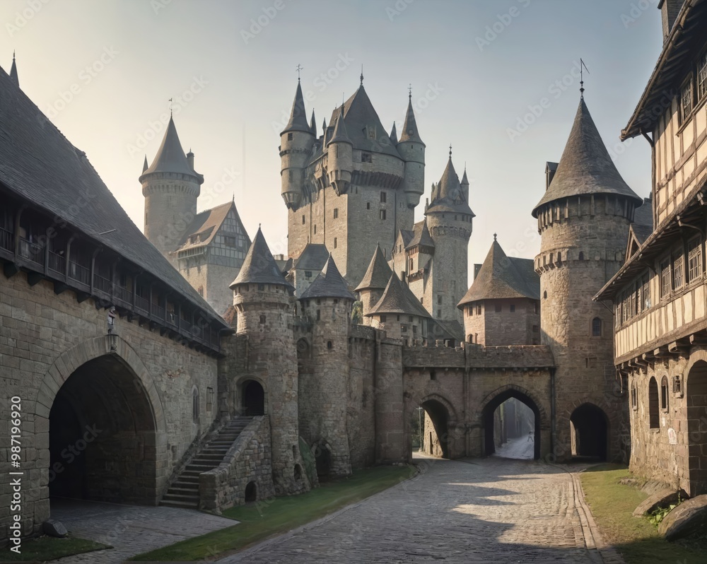 Fototapeta premium Panoramic View of Deserted Medieval City: Grand Castle and Fading Sunset