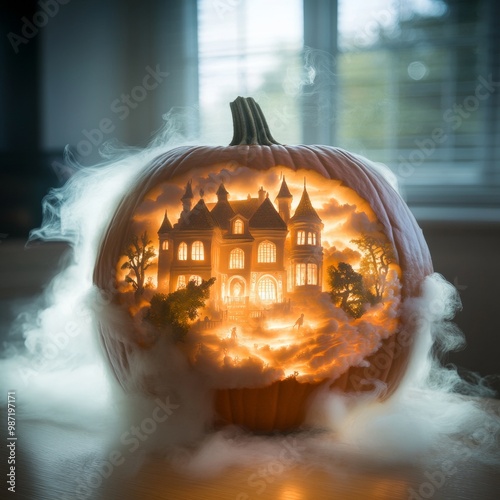 Jack-o-lantern carved as a haunted mansion glowing eerily in the moonlight photo