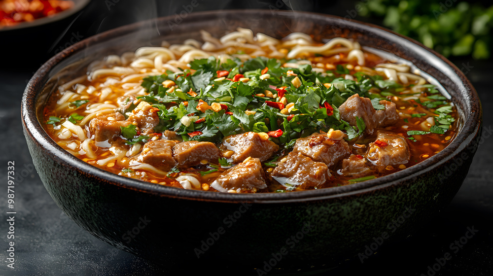 Delicious bowl of noodles with spicy meat, herbs, and vibrant toppings in a steaming broth, perfect for food lovers.