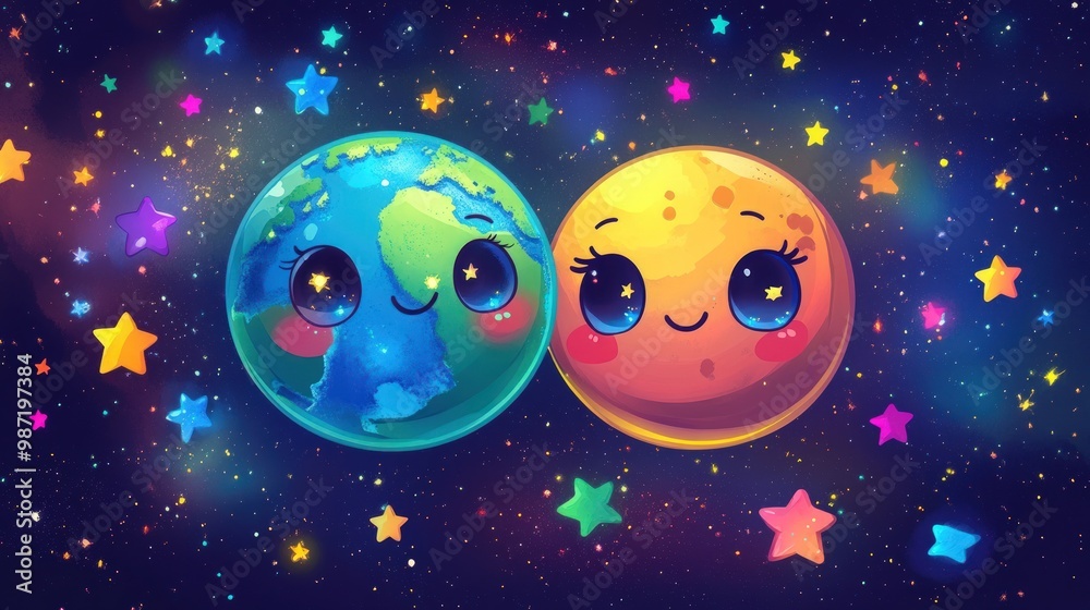 Fototapeta premium Cute cartoon Earth and Moon with stars in space.
