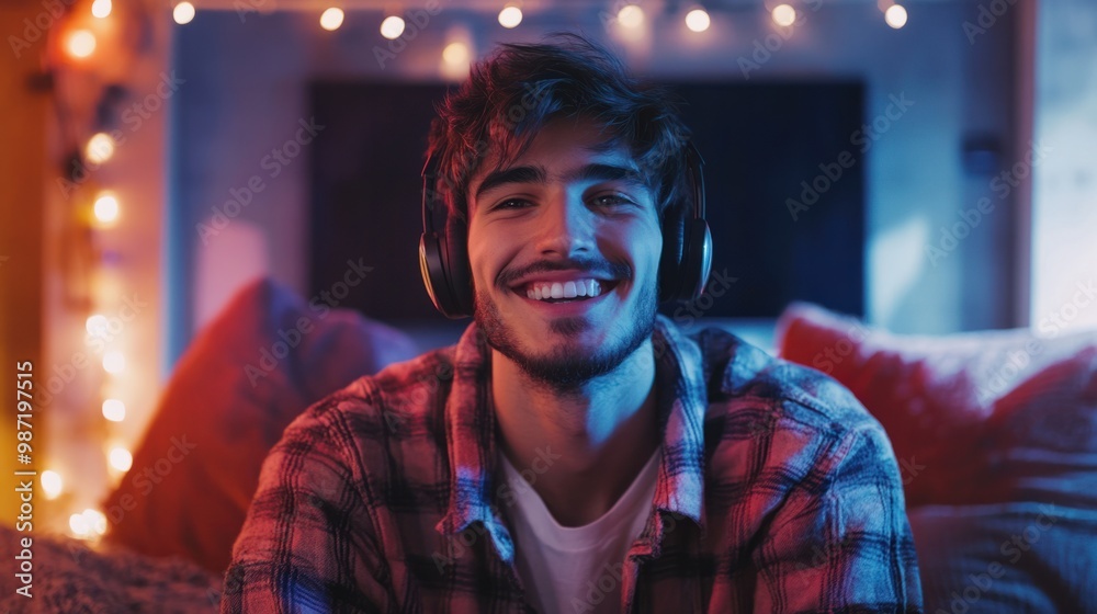 Young man in a cozy room wearing a headset, smiling while watching a video and chatting with friends online. Young man in a cozy room wearing a headset, smiling while watching a video and chatting with friends online.