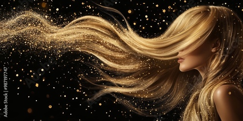 Wallpaper Mural A stunning image capturing flowing golden hair glimmering with beautiful sparkles. The contrast of hair and dark background creates a magical feel. Perfect for beauty and fashion themes. AI Torontodigital.ca