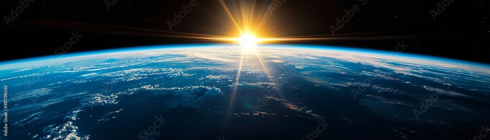 A breathtaking view of Earth from space, showcasing the sunrise over the horizon, illuminating the planet in golden hues. A breathtaking view of Earth from space, showcasing the sunrise over the horizon, illuminating the planet in golden hues.