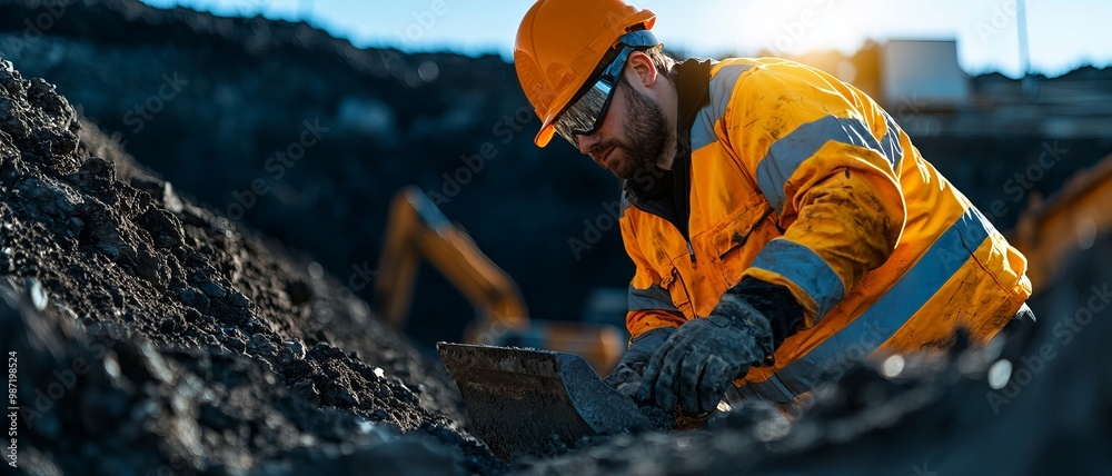 A construction worker digs in the earth while wearing protective gear and a safety helmet, showcasing dedication and hard work. A construction worker digs in the earth while wearing protective gear and a safety helmet, showcasing dedication and hard work.