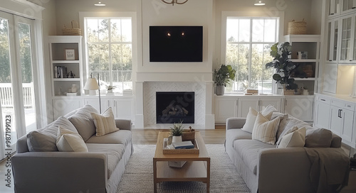 Beautiful living room with a fireplace, grey sofas, and white cabinets in a modern home interior design. 