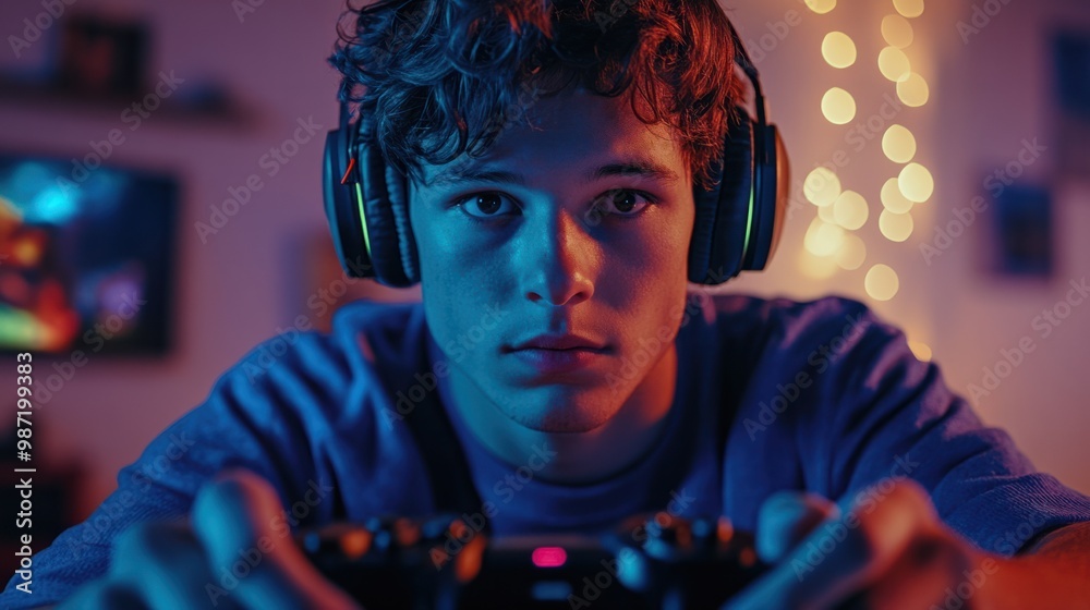Young man wearing a headset, hands on his gaming controller, playing an action-packed online game with friends. Young man wearing a headset, hands on his gaming controller, playing an action-packed online game with friends.