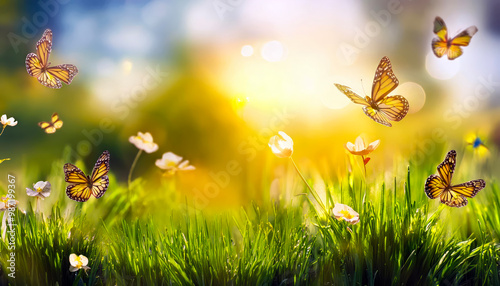 Sunny spring landscape, spring background with grass and flowers and flying colors butterflies