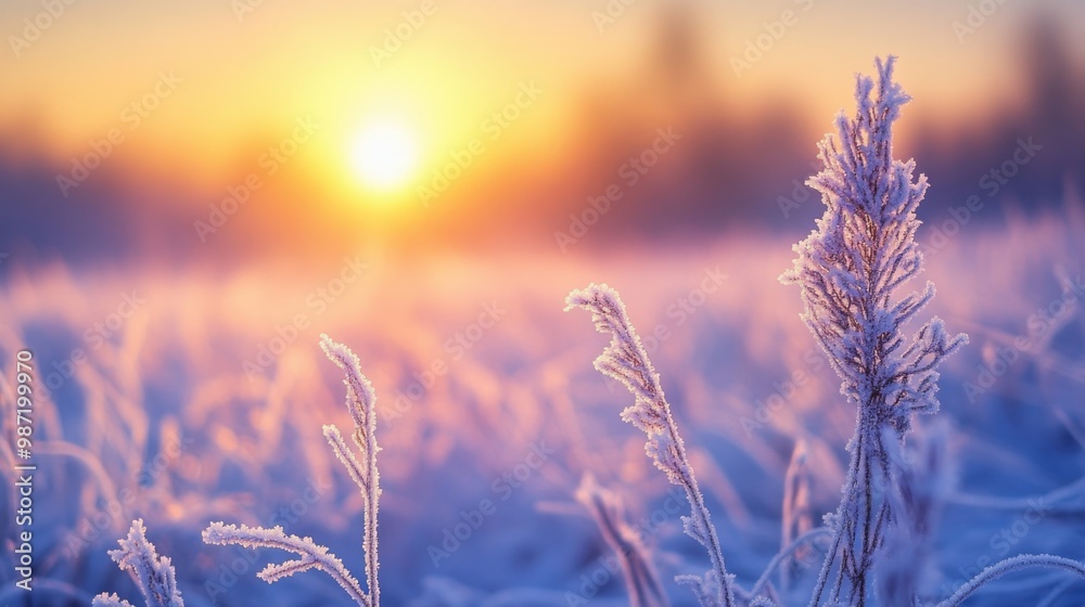 Hoarfrost on the leaves. Beautiful frozen plants. Natural winter texture. Macro nature. Grass with ice crystals on natural blurry bokeh background