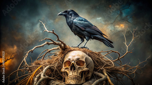 A dark crow perches atop a weathered skull, entwined in gnarled branches under a dramatic sky filled with swirling clouds during twilight photo