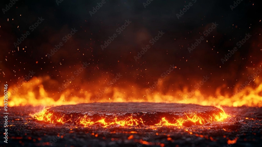 An ancient podium made of molten lava with fire circling around