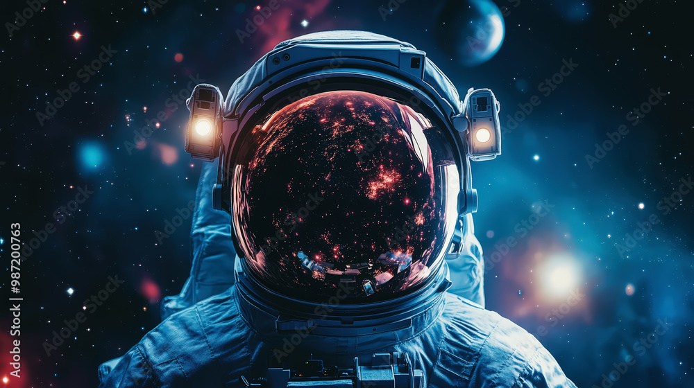 Astronaut in helmet floating in space, portrait, open space, milky way, stars and planets background. Generative AI Astronaut in helmet floating in space, portrait, open space, milky way, stars and planets background. Generative AI