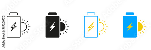 Solar Battery Line and Silhouette Icon Set.. Sun Light Sustainable Power, Ecological Technology Pictogram. Renewable Green Alternative Energy Symbol. Editable Stroke. Isolated Vector Illustration