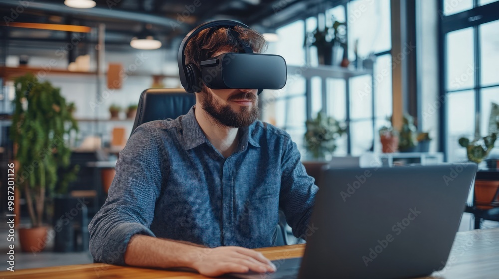 Young man wearing a headset while working on a laptop, immersed in a virtual meeting in a modern office setting. Young man wearing a headset while working on a laptop, immersed in a virtual meeting in a modern office setting.