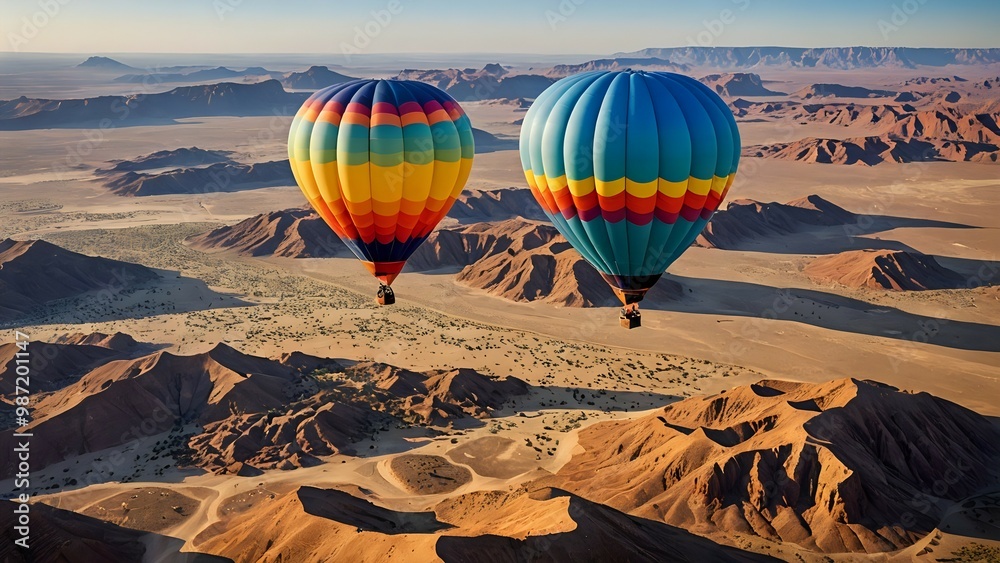 Obraz premium Two hot air balloons flying over the Namib Desert.