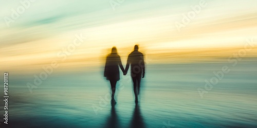 A blurred image of a couple holding hands by the beach during sunset. The warm colors create a dreamy atmosphere. Perfect for romantic themes or lifestyle content. AI