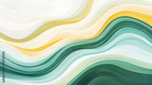 Aesthetic wavy dynamic background. Pastel mint, yellow, white and beige colors. Banner template. Generative AI