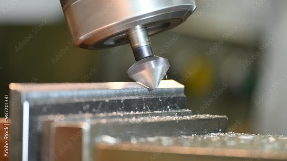 The angle milling process on NC milling machine with chamfer tool.