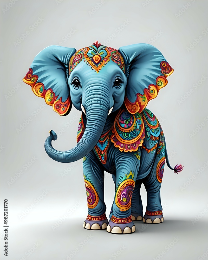 Fototapeta premium A cute cartoon elephant with colorful patterned markings and a white background.