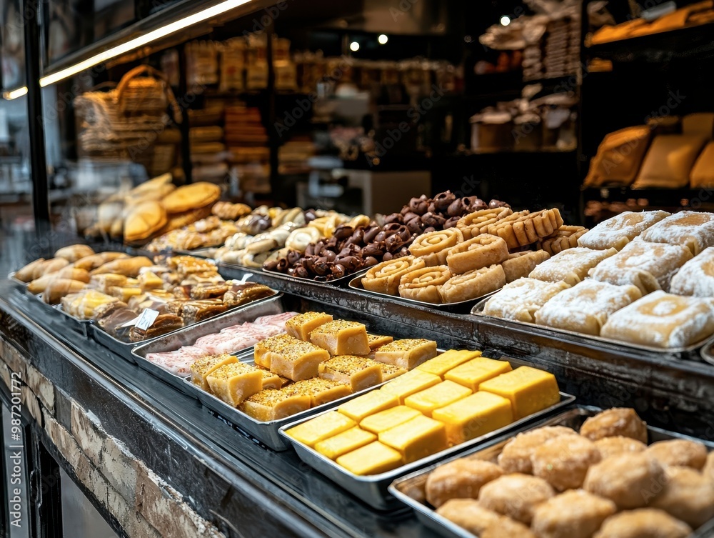 A vibrant display of assorted pastries and sweets neatly arranged, showcasing delicious treats in a bakery setting. A vibrant display of assorted pastries and sweets neatly arranged, showcasing delicious treats in a bakery setting.