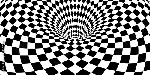 Abstract black chess pattern on white. Optical texture effect on torus surface. Vector Illustration. Smooth checkered radial.