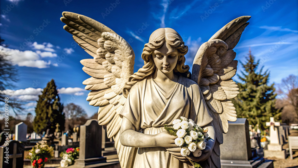 Fototapeta premium The angel statue stands gracefully in a cemetery, cradling a bouquet of white roses with outstretched wings, surrounded by gravestones beneath a clear sky