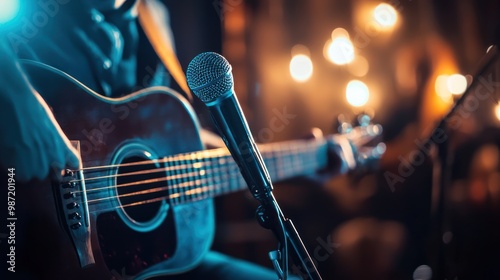 a singer performing on stage with just a microphone and guitar, representing the simplicity of an acoustic performance