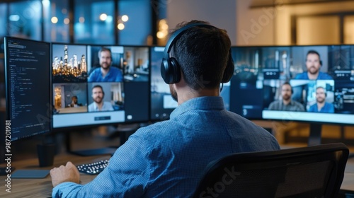 Young man with a headset on, sitting at his desk with multiple monitors, participating in a professional video conference.