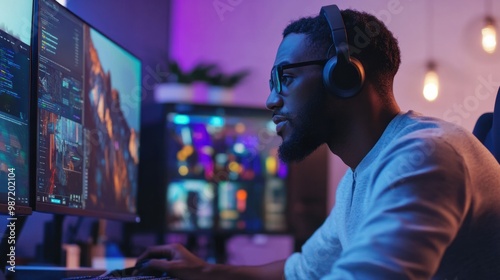 Young man with a headset on, sitting at his desk with multiple monitors, participating in a professional video conference.