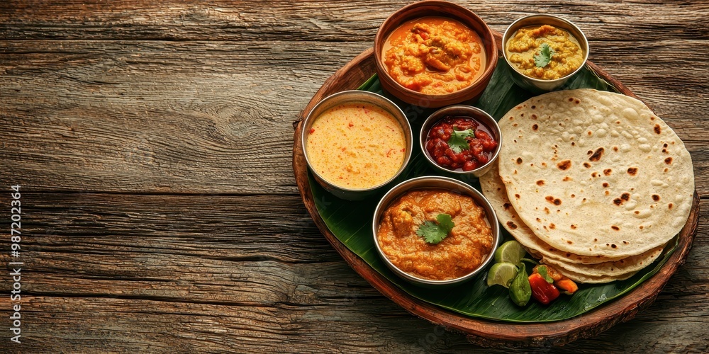 A vibrant platter of Indian cuisine featuring various lentil dishes, curries, and freshly made flatbreads, beautifully presented on a rustic wooden table. A vibrant platter of Indian cuisine featuring various lentil dishes, curries, and freshly made flatbreads, beautifully presented on a rustic wooden table.