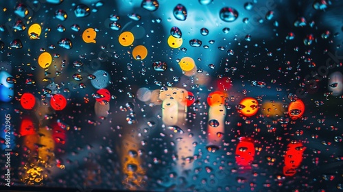 Urban Raindrops: Close-Up Splashes Against the Blurry Backdrop of a Bustling City Street