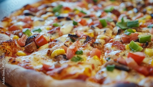 Close-up of a delicious pizza with various toppings.