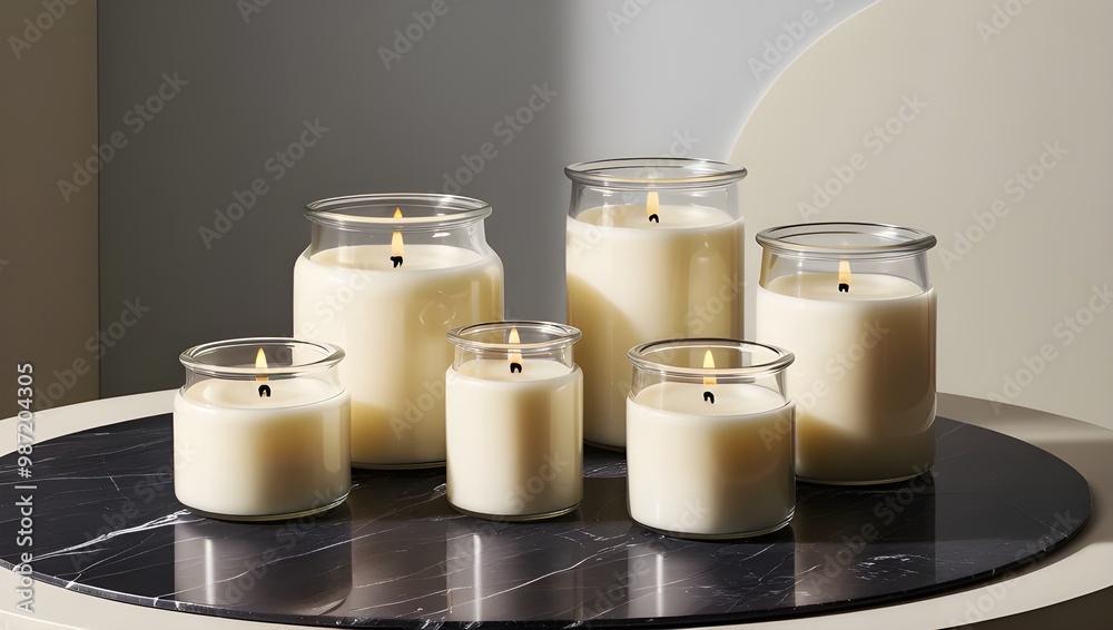 six candles in different glass jars on a dark grey marble tabletop set against neutral creamy background six candles in different glass jars on a dark grey marble tabletop set against neutral creamy background
