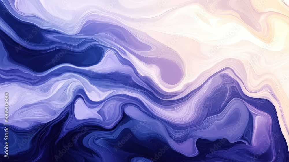 Fototapeta premium Aesthetic wavy dynamic background. Purple, blue, white, and dark beige colors. Banner template. Generative AI