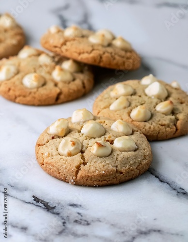 Close-up of a chewy macadamia nut cookie with white chocolate chips on a marble surface. 