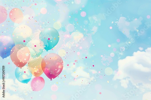 Colorful Pastel Balloon Celebration with Floating Confetti Against a Light Blue Sky Background photo