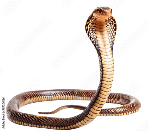 Close up of a coiled cobra with hood spread on transparent background