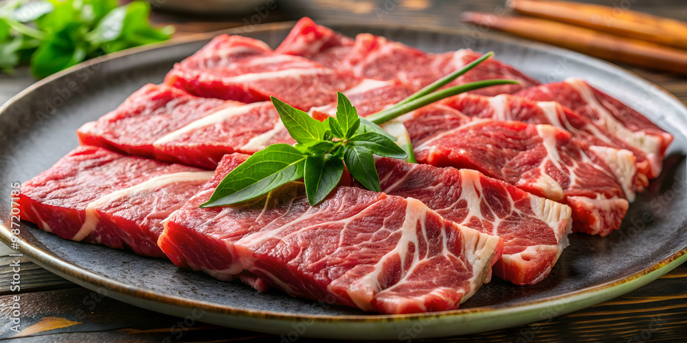 Close-up of fresh Korean raw beef for traditional dish, Korean cuisine, gourmet, marinated, sliced, traditional Close-up of fresh Korean raw beef for traditional dish, Korean cuisine, gourmet, marinated, sliced, traditional