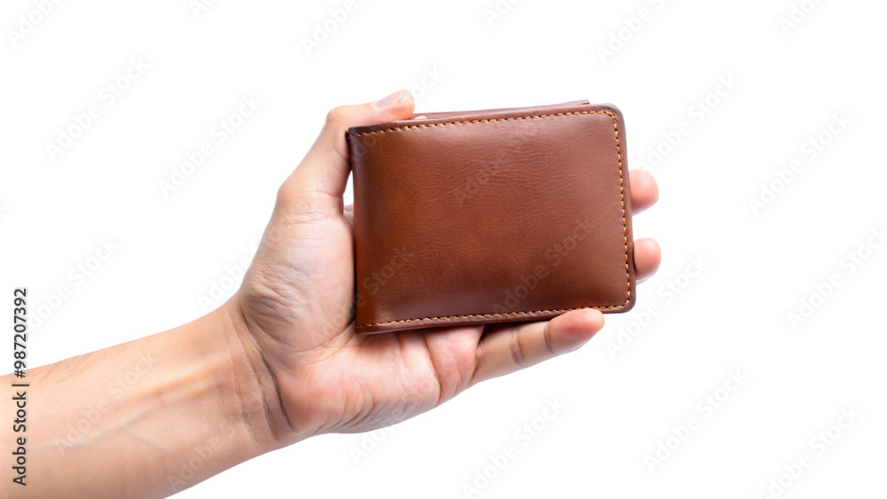 Isolated brown leather wallet in hand holding dollar bill, financial concept Isolated brown leather wallet in hand holding dollar bill, financial concept