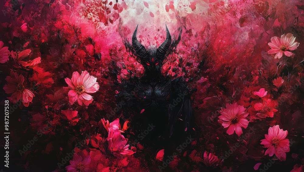 Black devil figure in a field of red flowers.