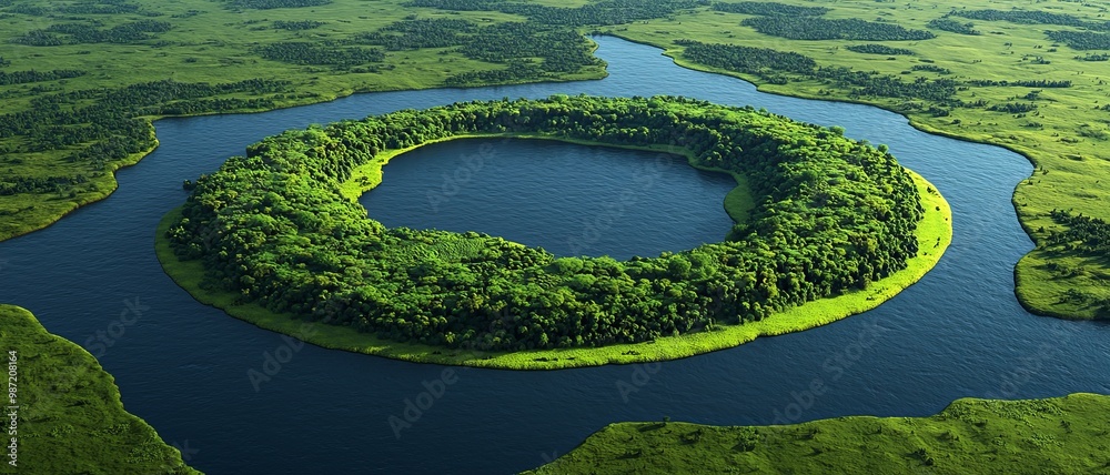 Aerial view of a unique circular island surrounded by a blue lake, showcasing lush greenery and tranquil natural beauty. Aerial view of a unique circular island surrounded by a blue lake, showcasing lush greenery and tranquil natural beauty.