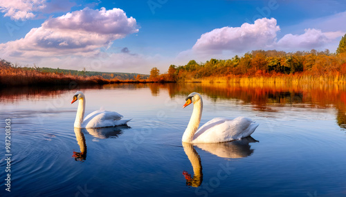 Fototapeta Naklejka Na Ścianę i Meble -  Beautiful white swan swimming on water with reflection in thick fog on the lake