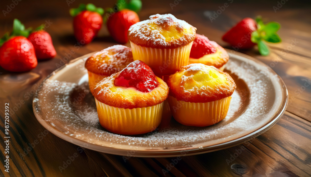 Sweet curd muffins with strawberry filling, in a plate on a wooden table. 