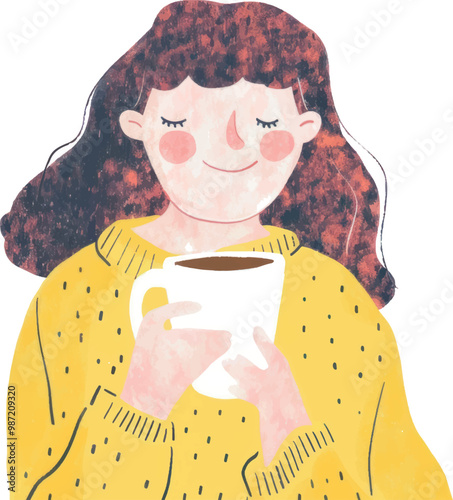 Woman enjoying warm coffee illustration