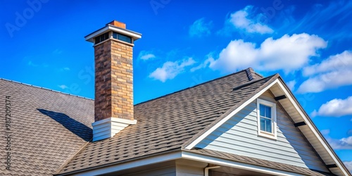 A brilliant blue expanse stretches above a well-worn roof, its shingles weathered to a dull brown, chimney standing