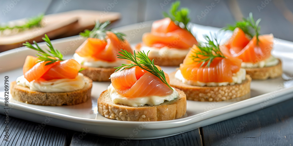 Canape with smoked salmon on a serving platter, appetizer, gourmet, party, hors d'oeuvre, elegant, seafood, snack Canape with smoked salmon on a serving platter, appetizer, gourmet, party, hors d'oeuvre, elegant, seafood, snack