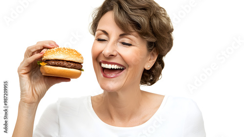 Photo portrait senior woman in shirt eating unhealthy junk food isolated pastel blue color background