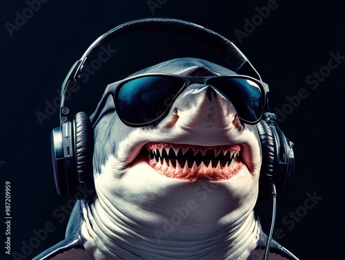 A shark in headphones and sunglasses listening to music on a black background.
