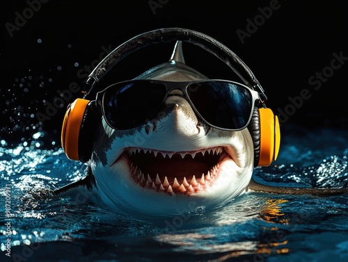 A shark in headphones and sunglasses listening to music on a black background.